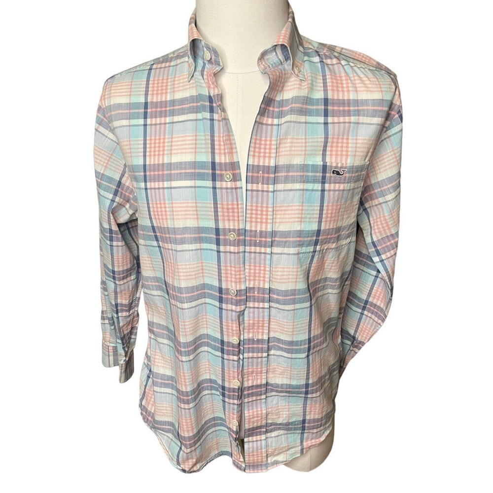 Vineyard Vines Tucker Shirt Mens Small Blue Pink Plaid Cotton Long Sleeve